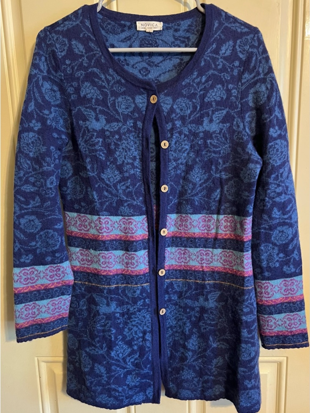 Novica 100% Baby Alpaca Romantic Nature in Indigo" Button Front Long Cardigan - Picture 3 of 10